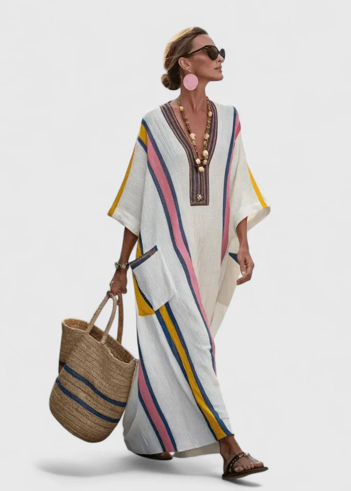 Women’s Kaftan Maxi Dress with V-Neckline and Artisanal Stripe Detail - Image 4