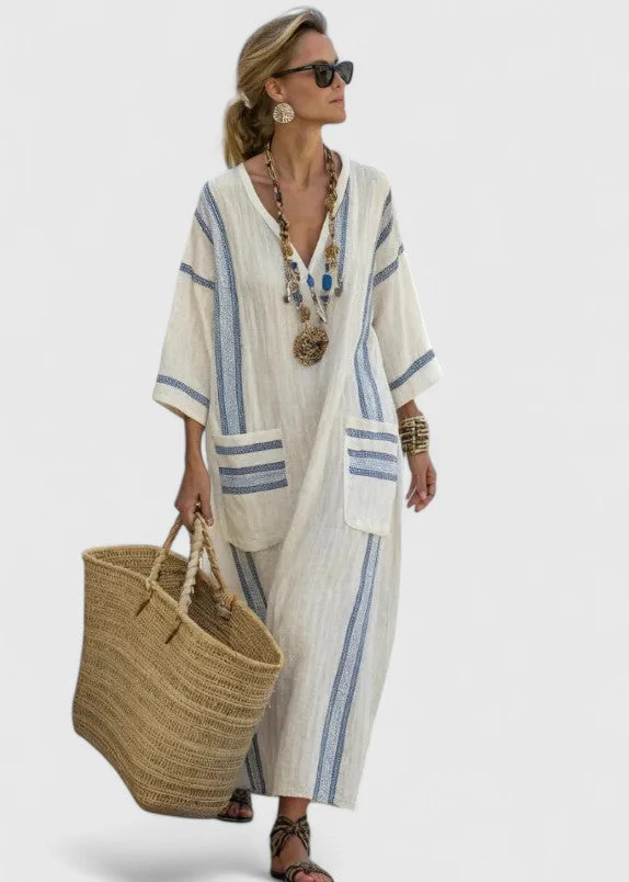Women’s Kaftan Maxi Dress with V-Neckline and Artisanal Stripe Detail - Image 5