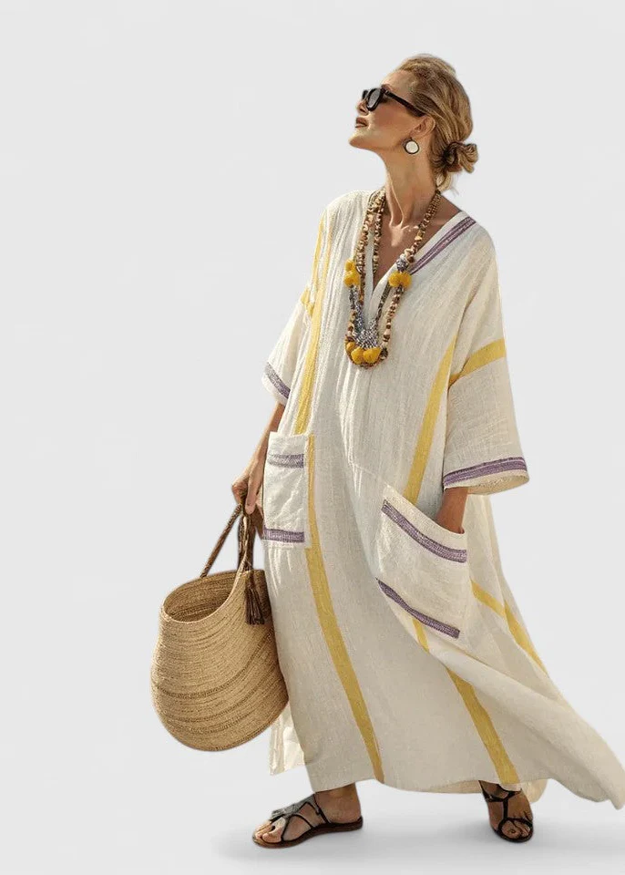 Women’s Kaftan Maxi Dress with V-Neckline and Artisanal Stripe Detail - Image 6