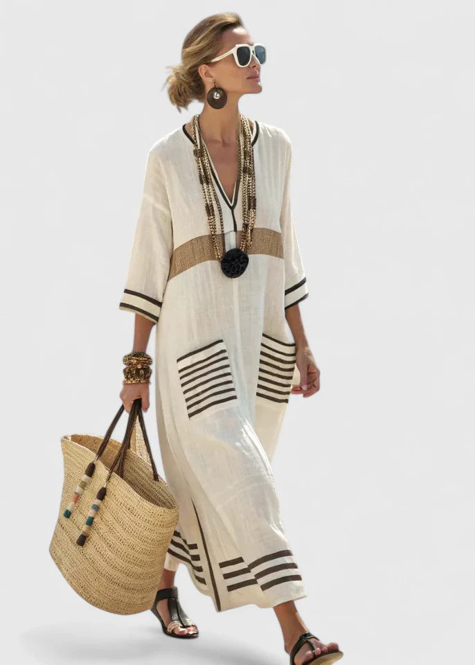 Women’s Kaftan Maxi Dress with V-Neckline and Artisanal Stripe Detail - Image 7