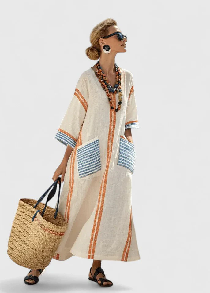 Women’s Kaftan Maxi Dress with V-Neckline and Artisanal Stripe Detail - Image 8