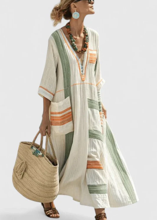 Women’s Kaftan Maxi Dress with V-Neckline and Artisanal Stripe Detail - Image 9