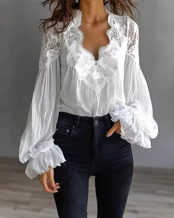 Women's Lace Blouse with V-Neckline and Puffed Ruffle Sleeves