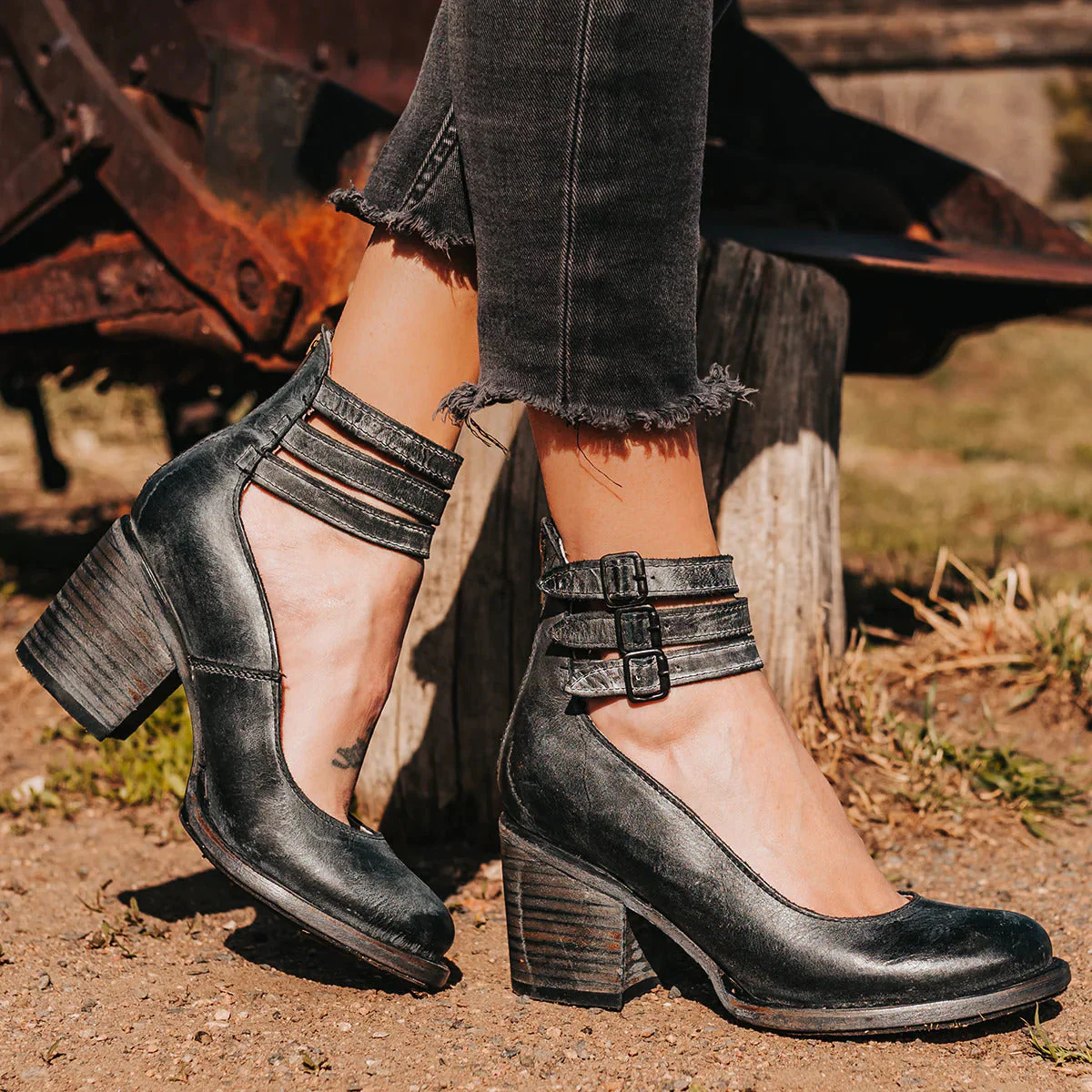 Women's Leather Ankle Strap Block Heel Pumps with Stacked Heel and Round Toe Silhouette - Image 4