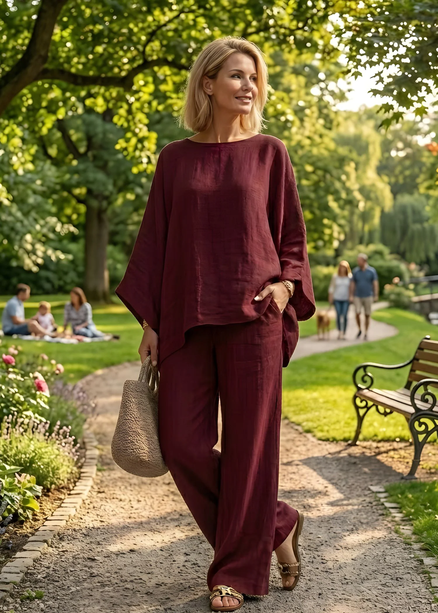 Women'sLinen Two-Piece Set with Cape Style Top and Wide Leg Pants - Image 3