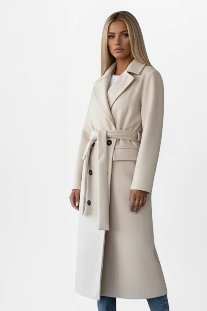 Women’s Long Coat with Belt and Double-Breasted Front - Image 3