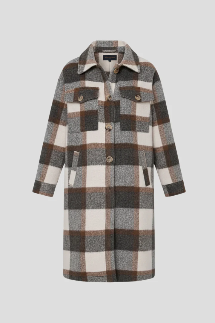 Women’s Long Coat with Button Front and Checked Woven Surface