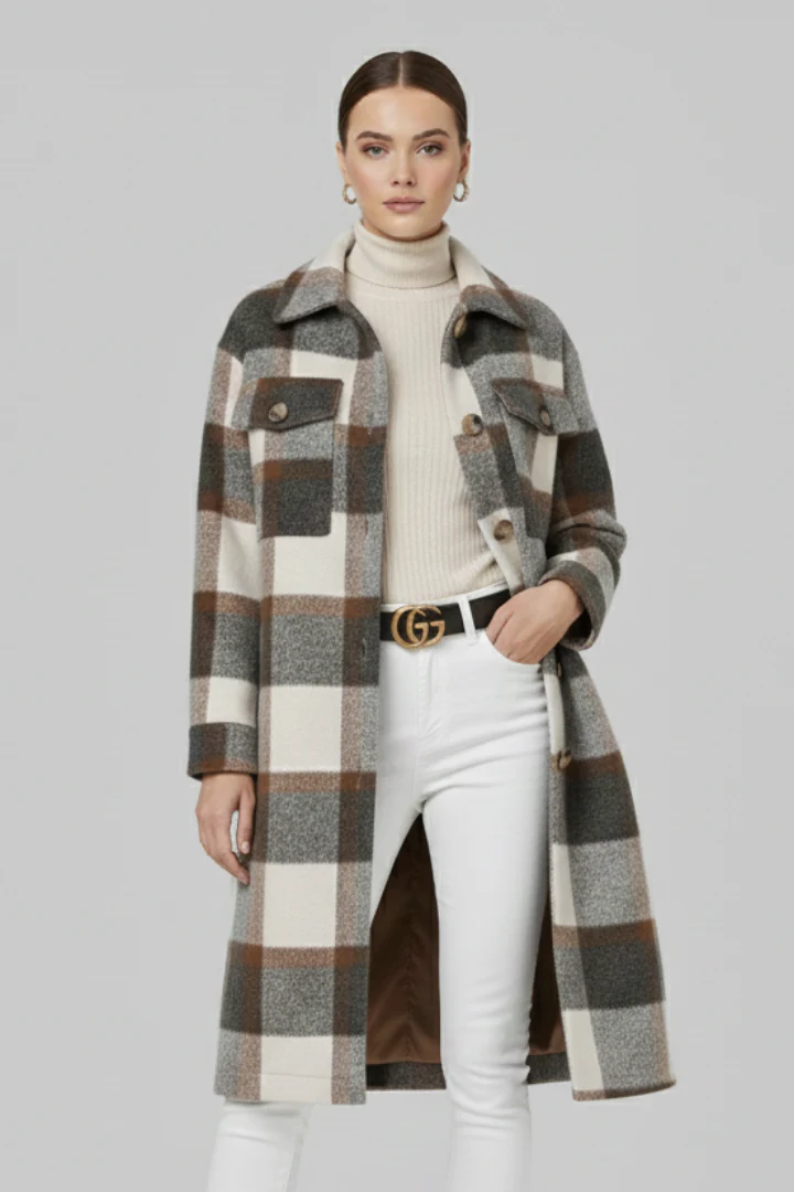 Women’s Long Coat with Button Front and Checked Woven Surface - Image 2