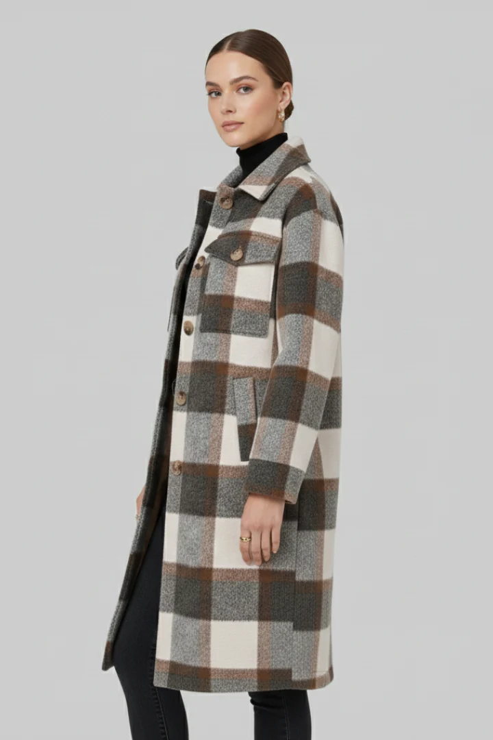 Women’s Long Coat with Button Front and Checked Woven Surface - Image 3