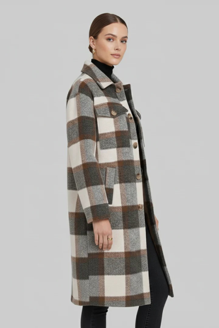 Women’s Long Coat with Button Front and Checked Woven Surface - Image 4