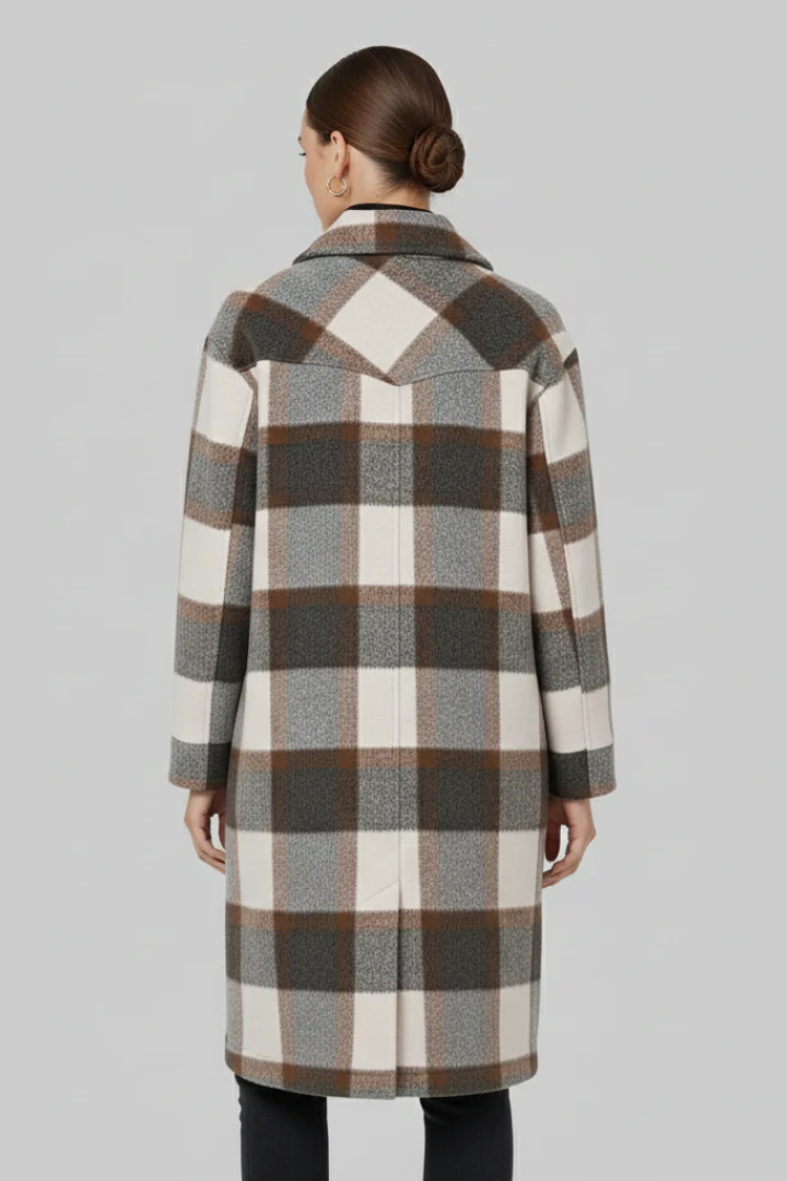 Women’s Long Coat with Button Front and Checked Woven Surface - Image 5