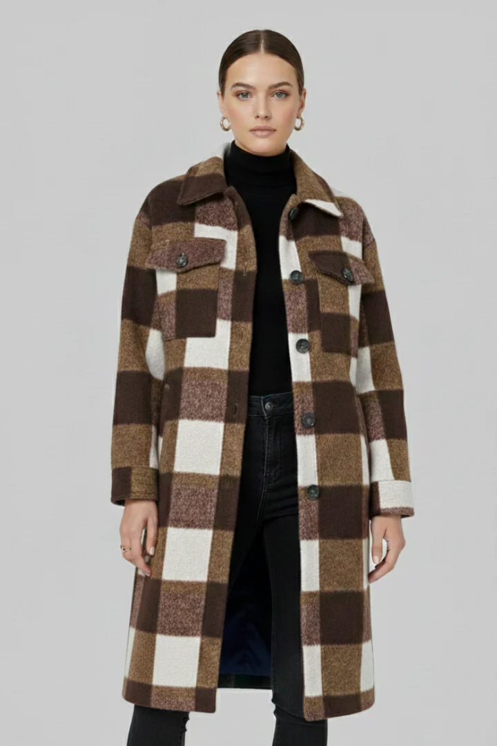 Women’s Long Coat with Button Front and Checked Woven Surface - Image 6