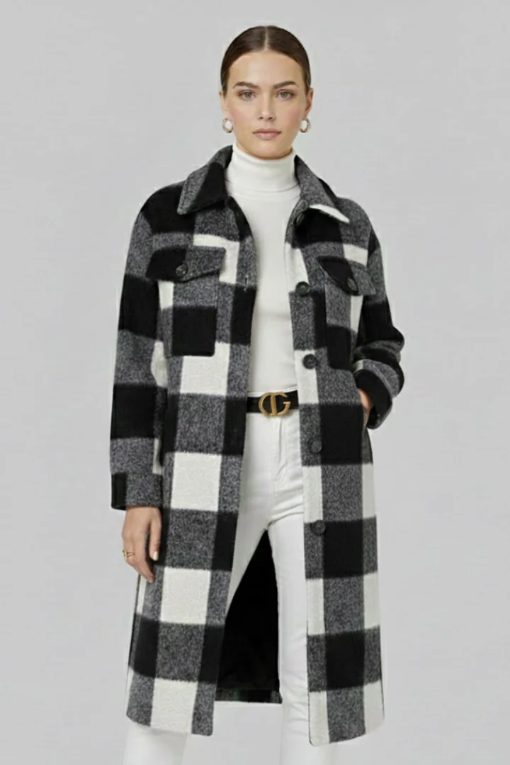Women’s Long Coat with Button Front and Checked Woven Surface - Image 7