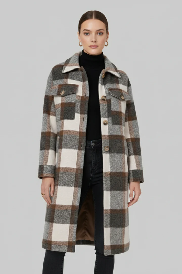 Women’s Long Coat with Button Front and Checked Woven Surface - Image 8