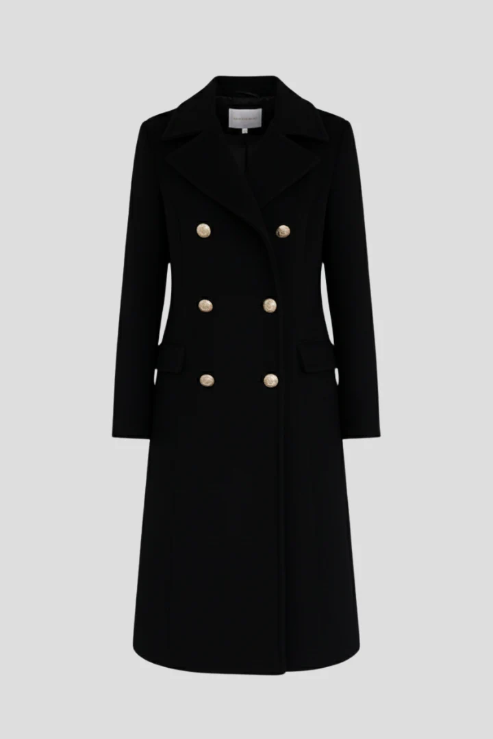 Women's Long Coat with Double Buttons and Notched Lapel