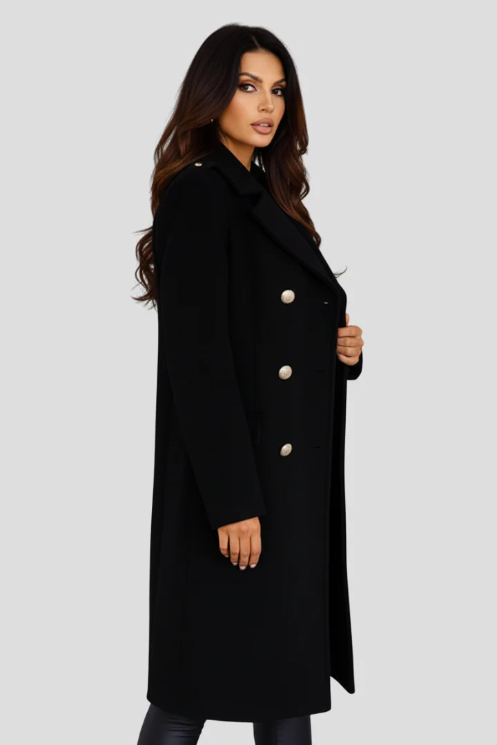 Women's Long Coat with Double Buttons and Notched Lapel - Image 4
