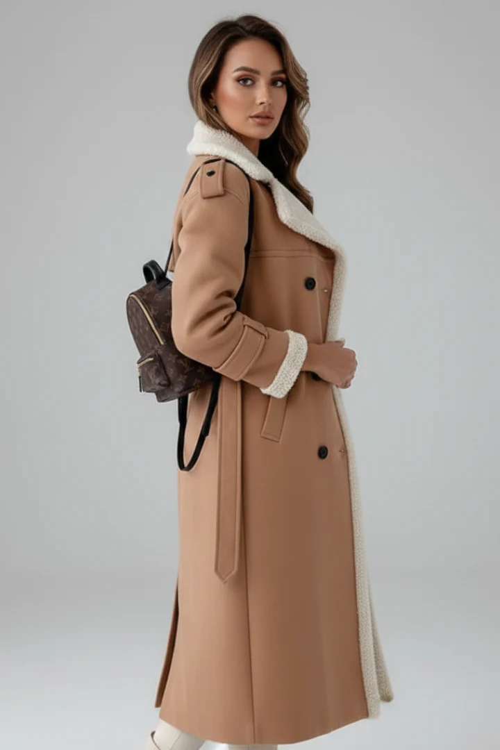 Women’s Long Coat with Lapel Collar and Trim Detailing - Image 3