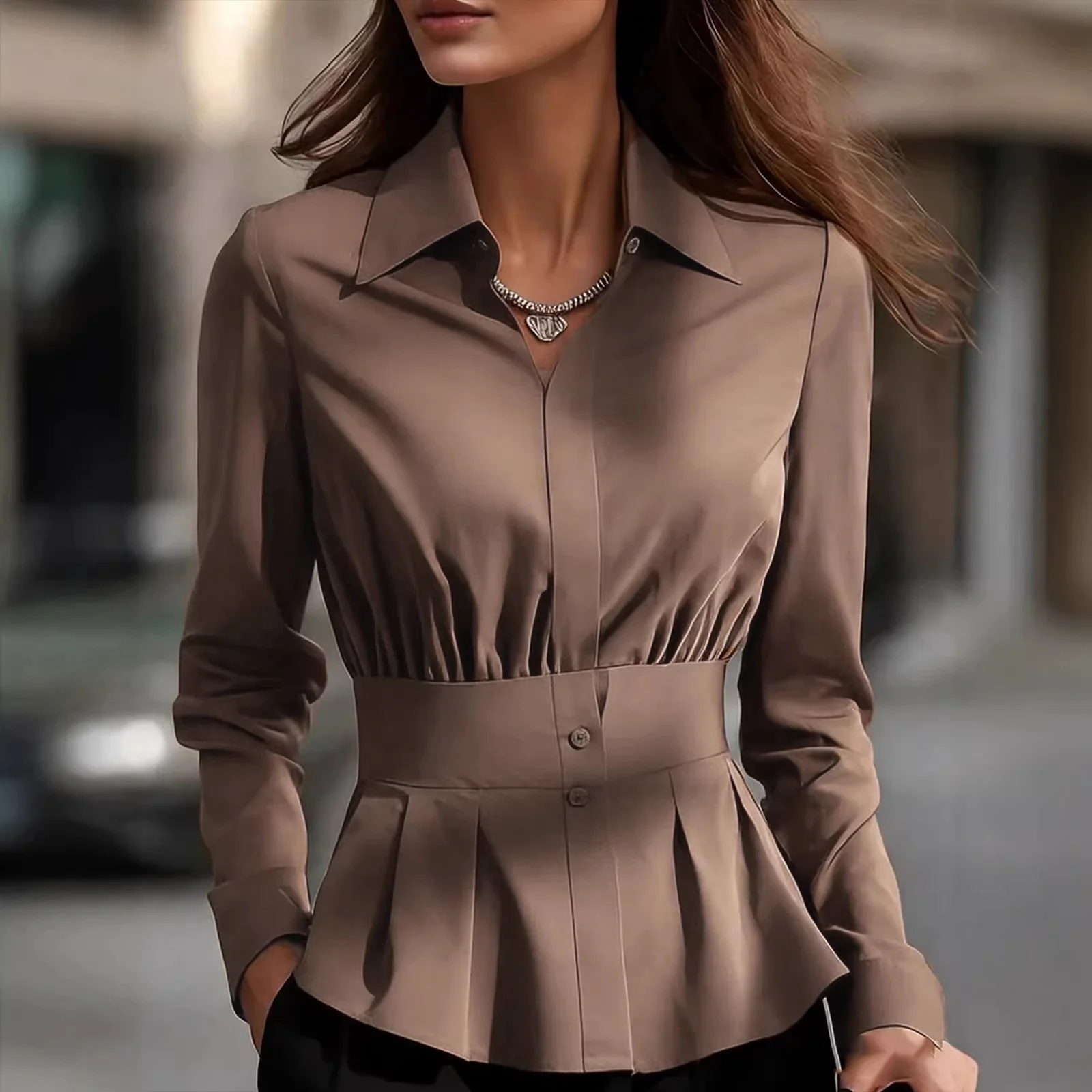 Women’s Long Sleeve Blouse with Corset Waist and Peplum Hem - Image 4