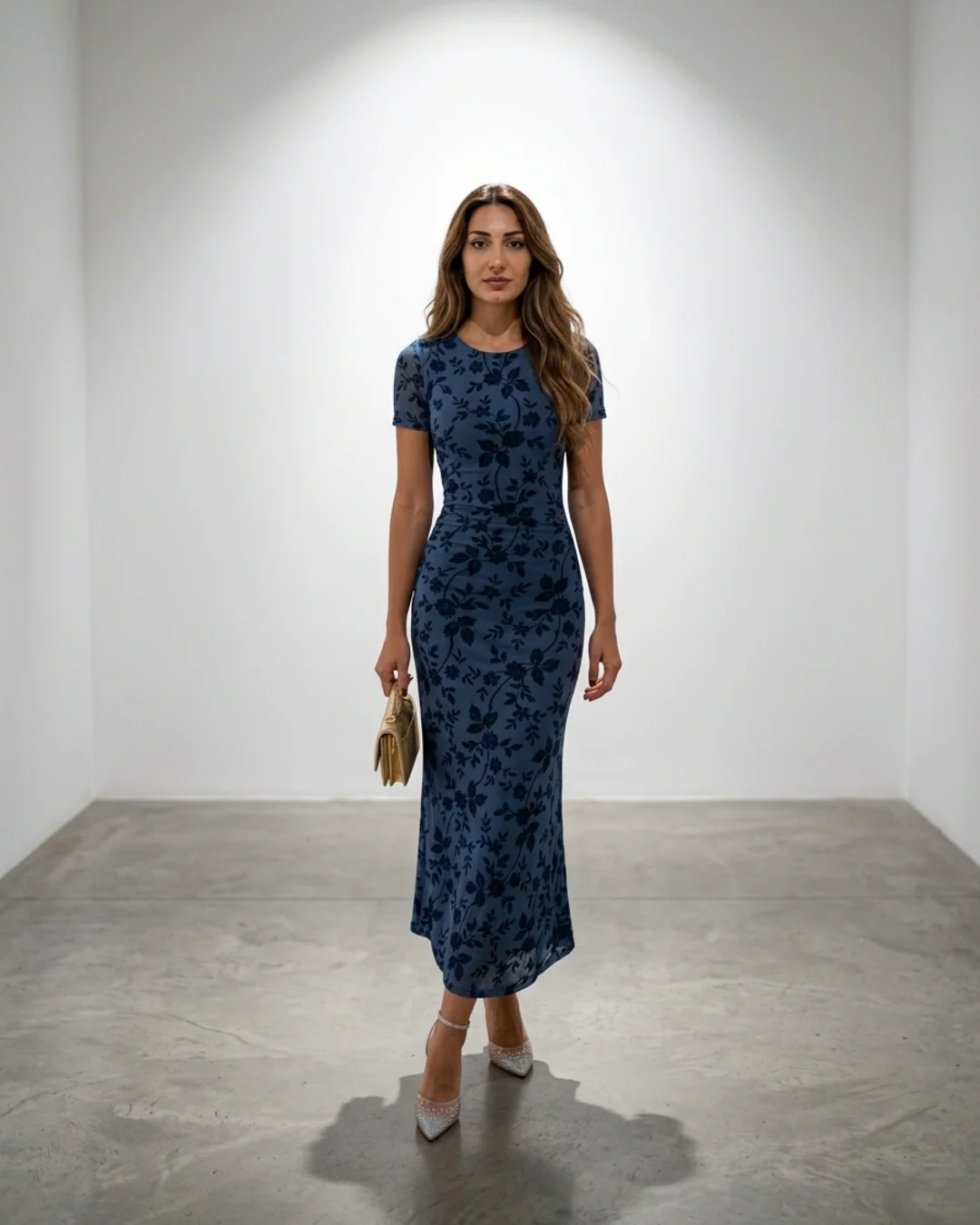 Women’s Maxi Dress Burnout Floral Velvet Short Sleeve Mermaid Gown - Image 3