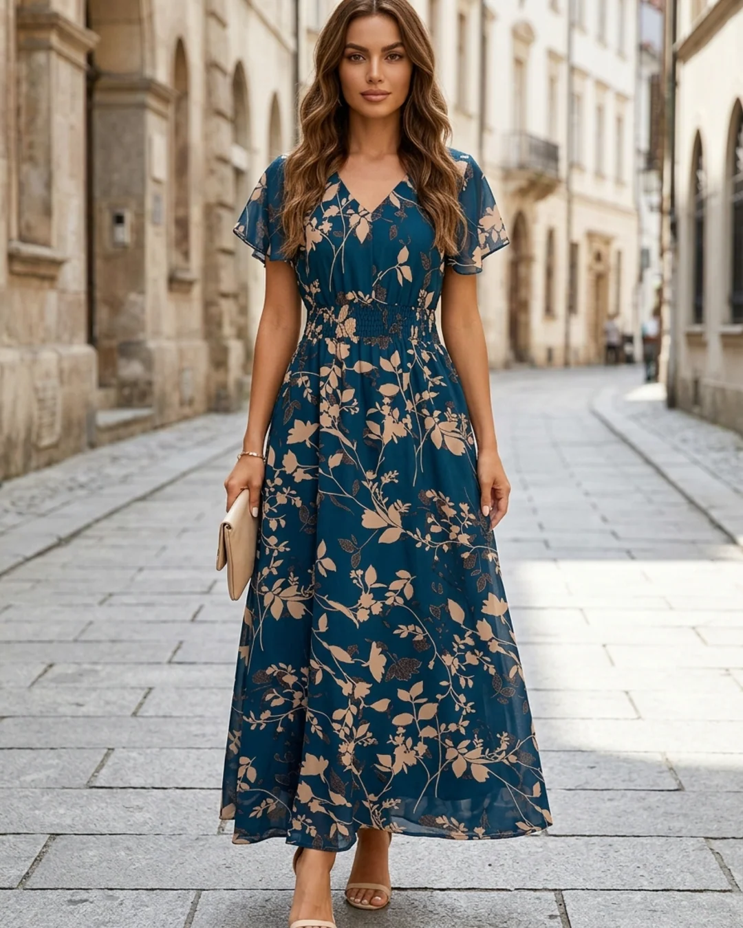 Women’s Maxi Dress Flutter Sleeve Smocked Waist Floral Wedding Guest Gown