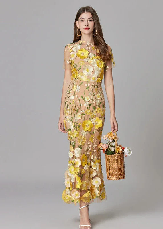 Women's Maxi Dress with 3D Floral Appliqu¨¦ and Sheer Mesh Overlay