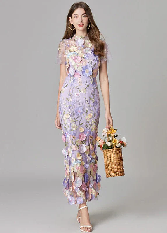 Women's Maxi Dress with 3D Floral Appliqu¨¦ and Sheer Mesh Overlay - Image 3