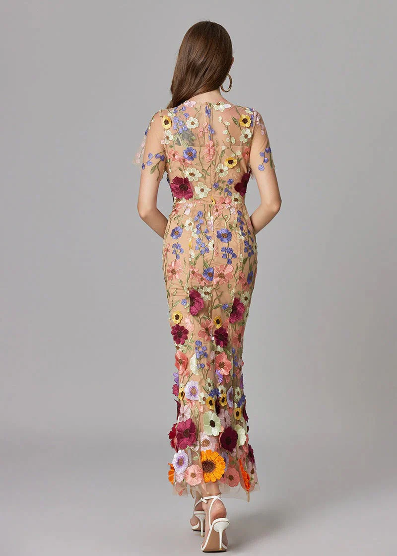 Women's Maxi Dress with 3D Floral Appliqu¨¦ and Sheer Mesh Overlay - Image 8