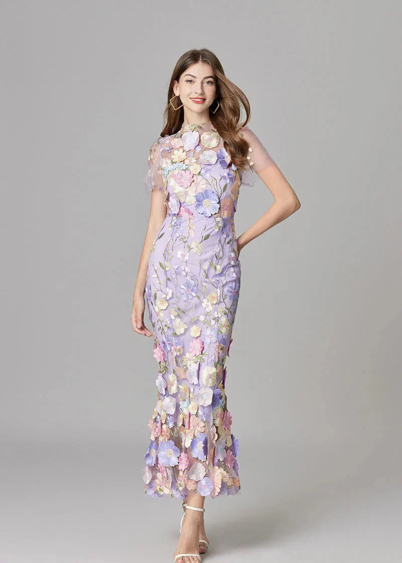 Women's Maxi Dress with 3D Floral Appliqu¨¦ and Sheer Mesh Overlay - Image 9