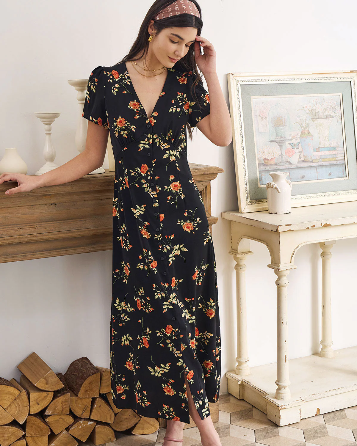 Women¡¯s Maxi Dress with Button-Down Front and Vintage Floral Print - Image 6