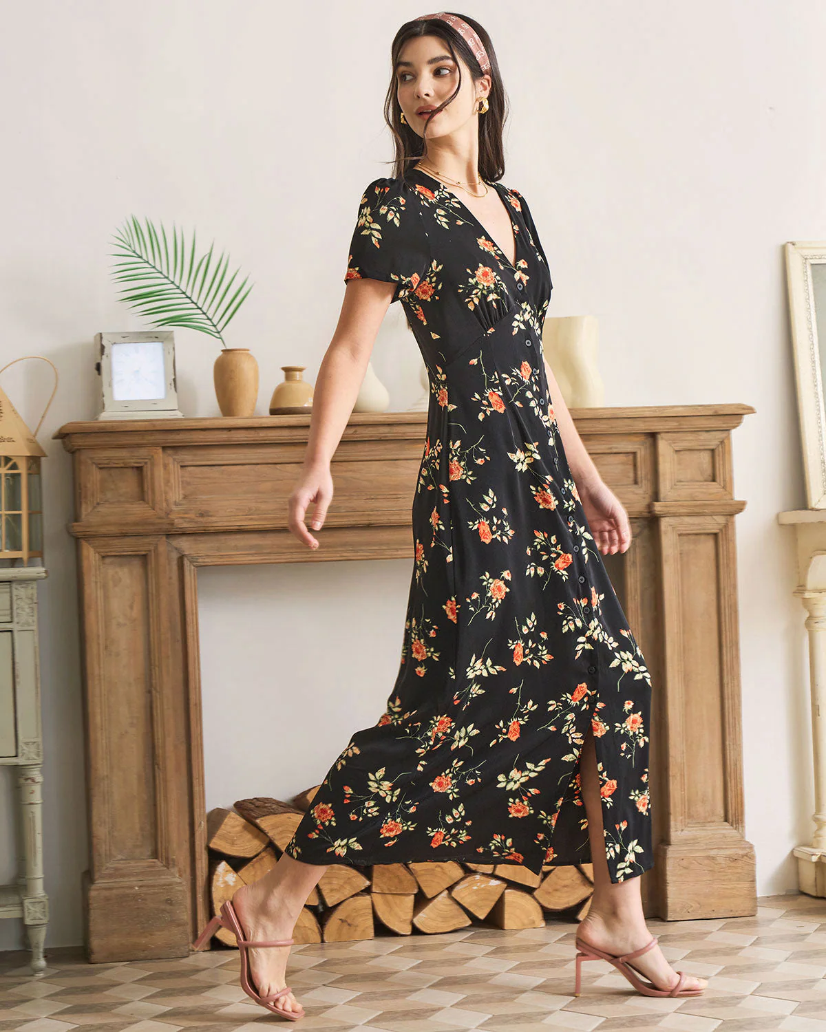 Women¡¯s Maxi Dress with Button-Down Front and Vintage Floral Print - Image 8
