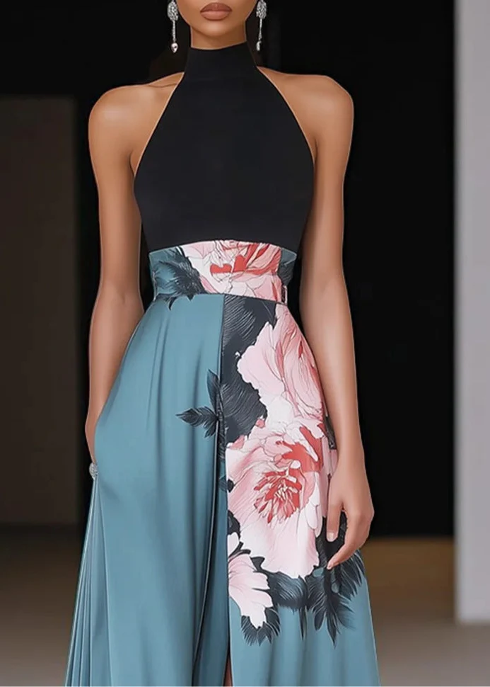 Women’s Maxi Dress with Halter Mock Neck and Floral Placement Print - Image 3