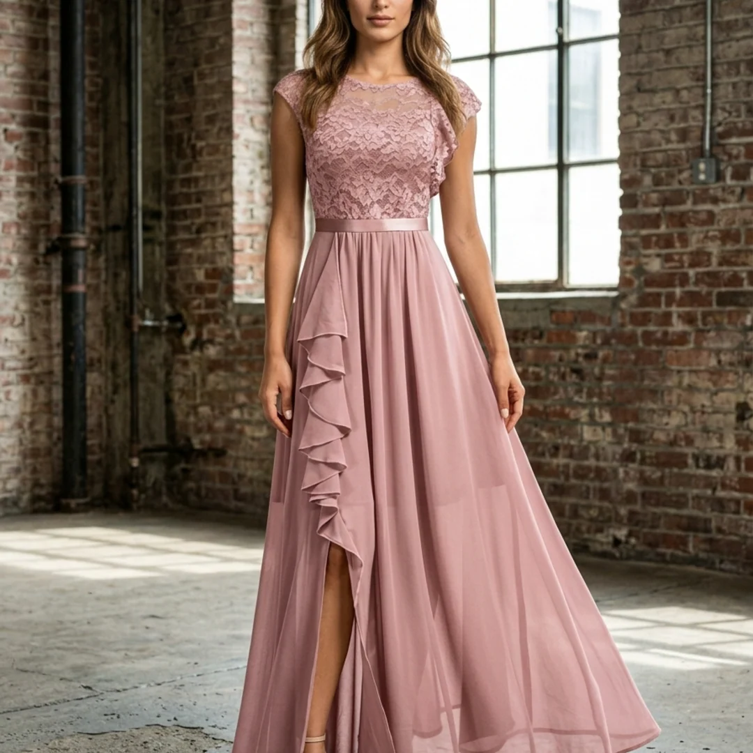 Women’s Maxi Dress with Lace Bodice and Ruffle Slit Chiffon Skirt