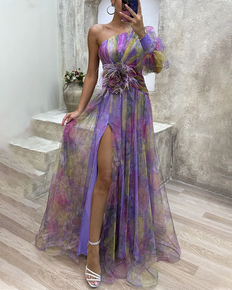 Women's Maxi Dress with One-Shoulder Bodice and Floral Tulle Overlay - Image 6