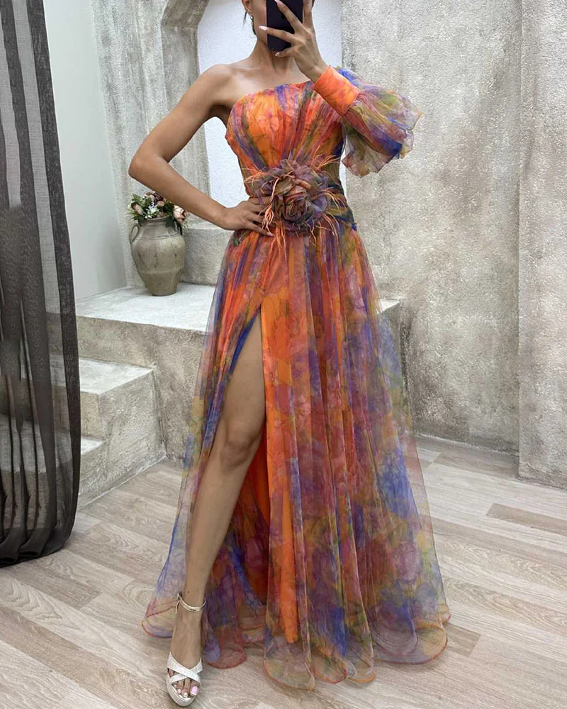 Women's Maxi Dress with One-Shoulder Bodice and Floral Tulle Overlay - Image 7