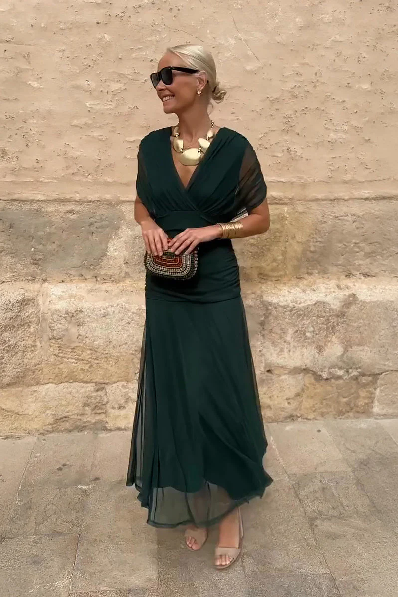 Women’s Maxi Dress with Surplice V-Neckline and Ruched Tulle Overlays