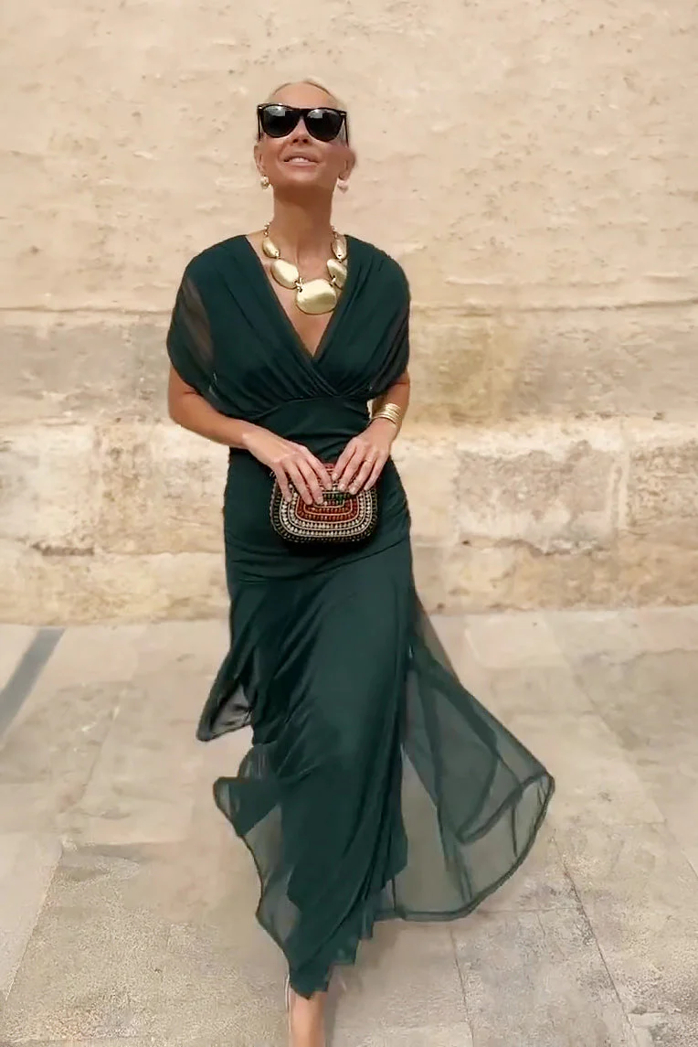 Women’s Maxi Dress with Surplice V-Neckline and Ruched Tulle Overlays - Image 2