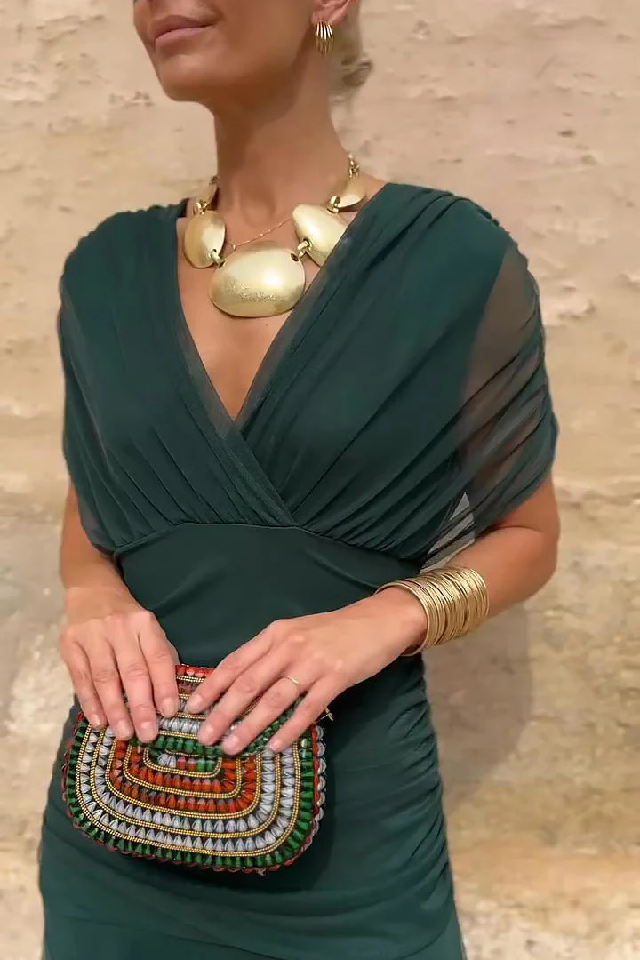 Women’s Maxi Dress with Surplice V-Neckline and Ruched Tulle Overlays - Image 3
