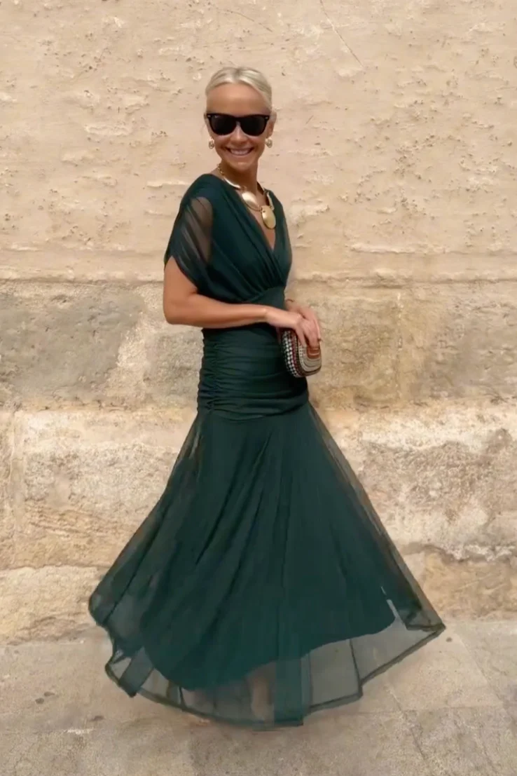 Women’s Maxi Dress with Surplice V-Neckline and Ruched Tulle Overlays - Image 5