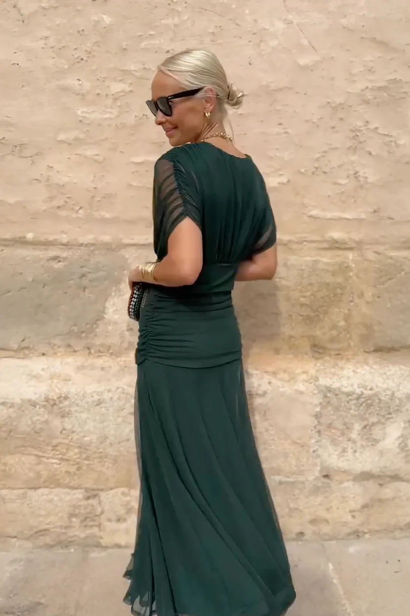Women’s Maxi Dress with Surplice V-Neckline and Ruched Tulle Overlays - Image 6