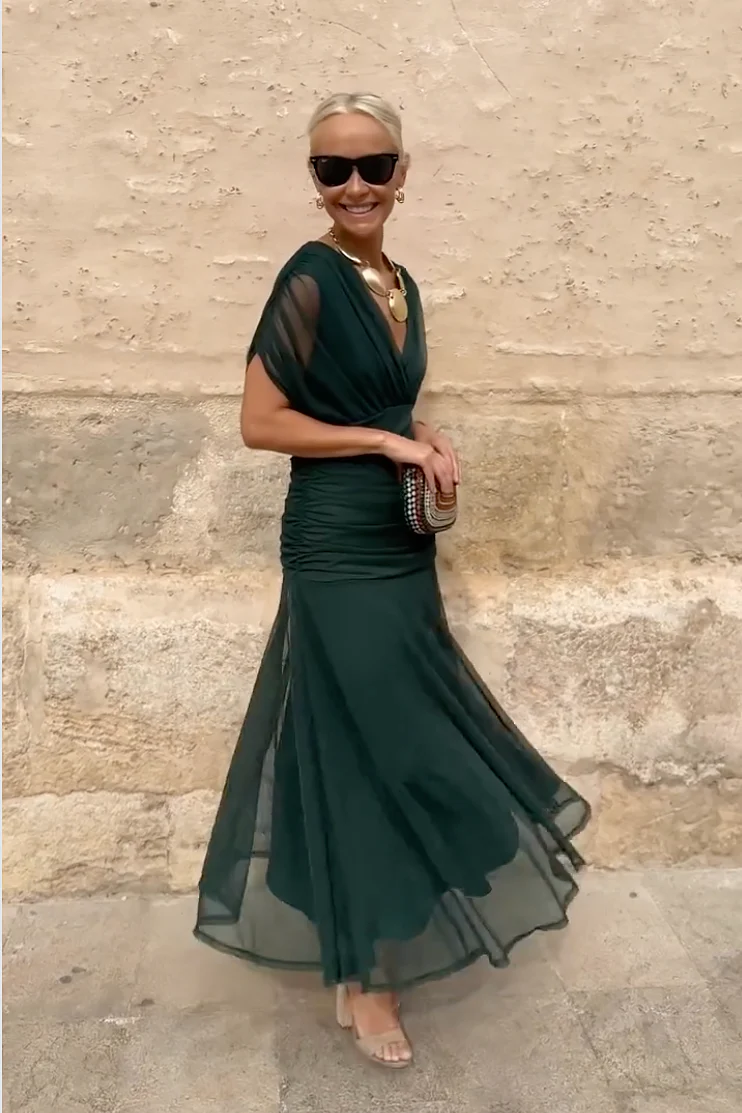 Women’s Maxi Dress with Surplice V-Neckline and Ruched Tulle Overlays - Image 7