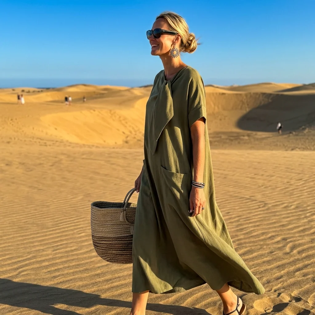 Women’s Maxi Dress with Tie-Knot Neckline and Oversized Pockets - Image 2