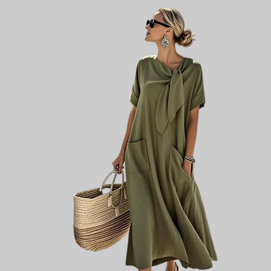 Women’s Maxi Dress with Tie-Knot Neckline and Oversized Pockets - Image 7
