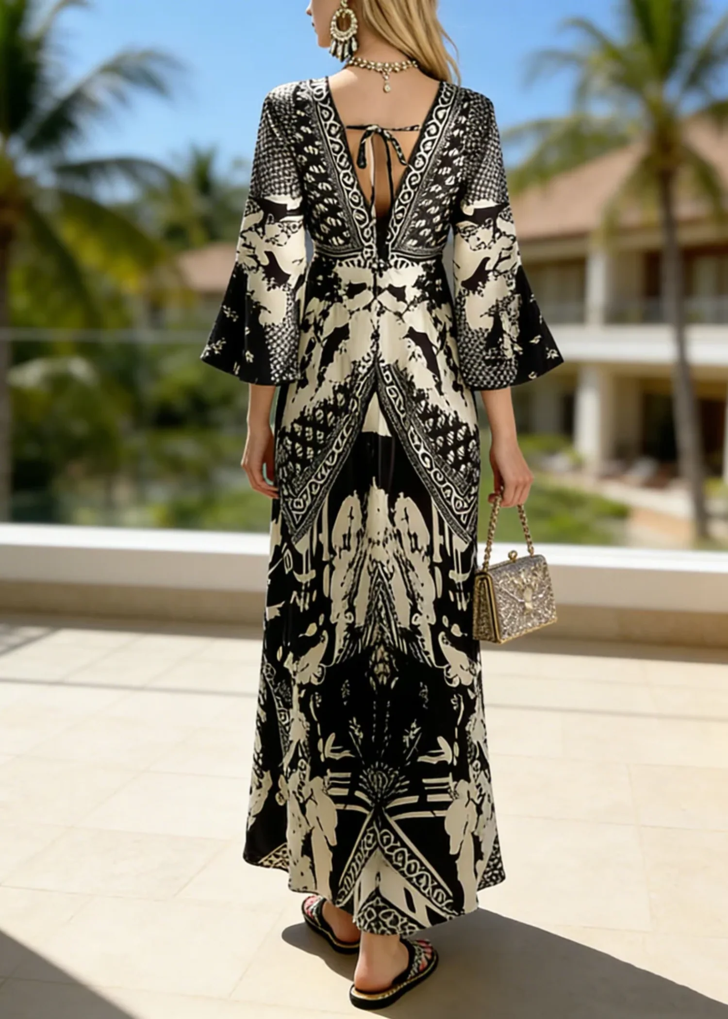 Women’s Maxi Dress with Vintage Manor Floral Print and Elegant V-Neckline - Image 2