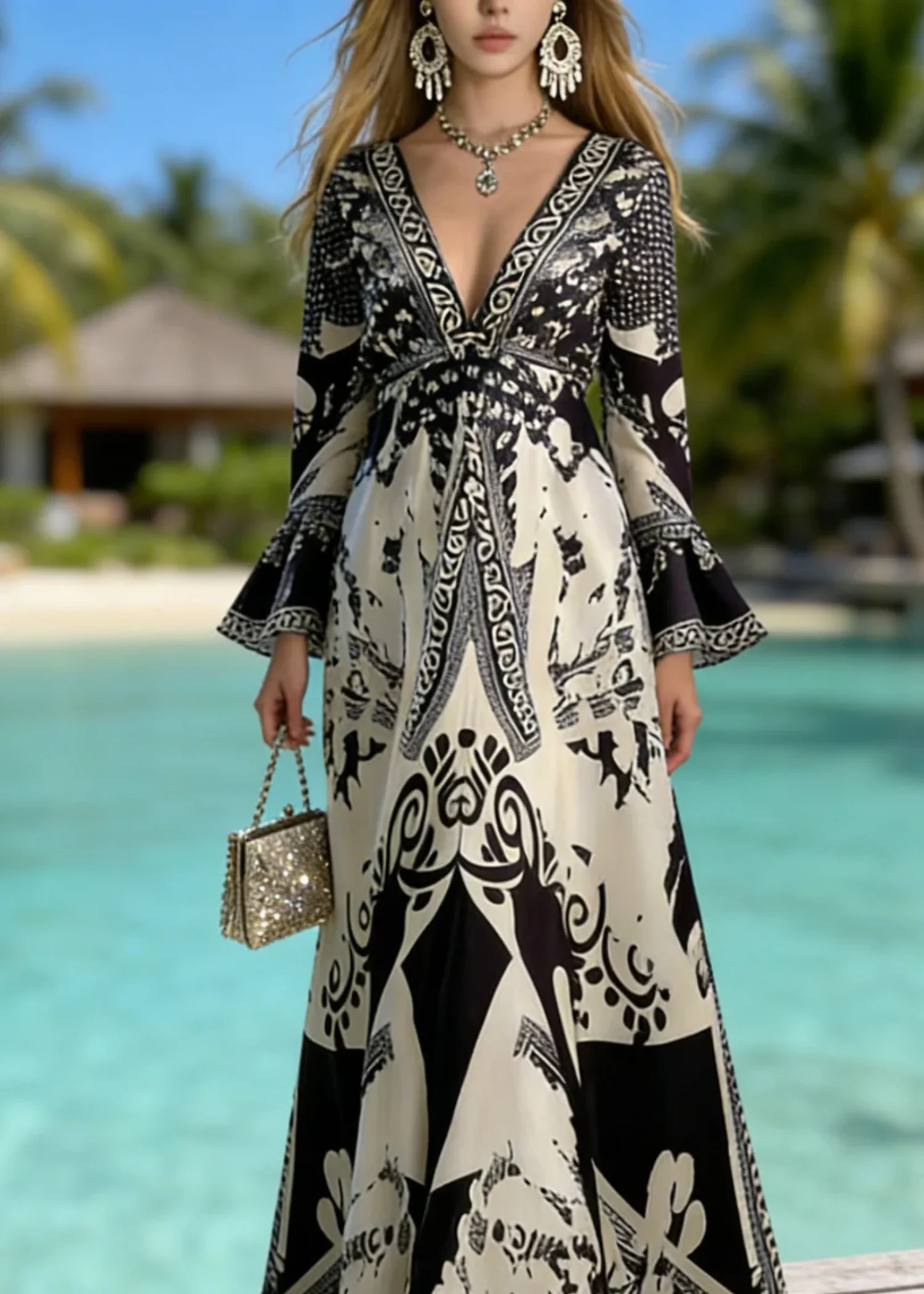 Women’s Maxi Dress with Vintage Manor Floral Print and Elegant V-Neckline - Image 4