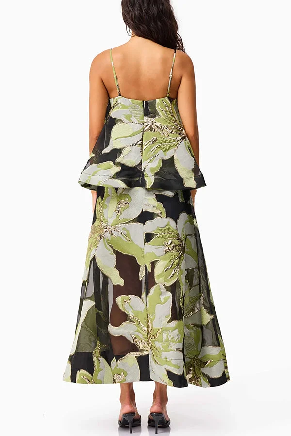 Women’s Maxi Gown with Embroidered Floral Applique and Sheer Mesh Overlay - Image 9