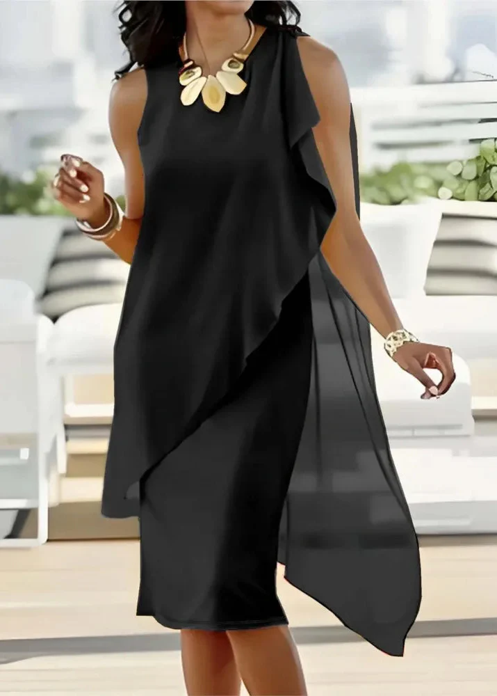Women’s Midi Dress Asymmetric Chiffon Overlay Sleeveless Shift - Image 5