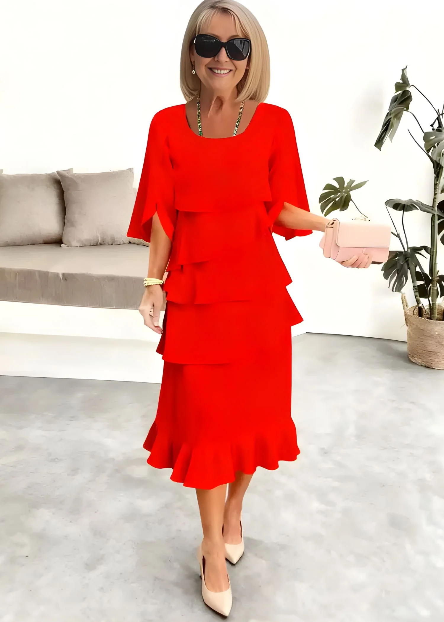 Women's Midi Dress Tiered Cascade Ruffles Flared Sleeves Round Neck - Image 2