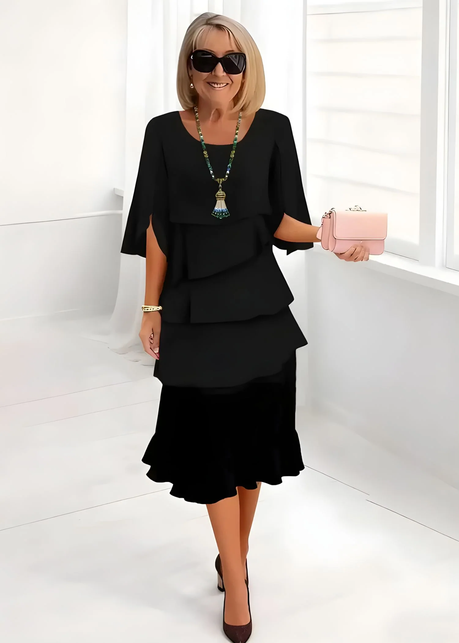 Women's Midi Dress Tiered Cascade Ruffles Flared Sleeves Round Neck - Image 3