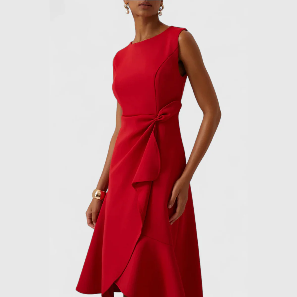 Women’s Midi Dress with Asymmetric Draped Ruffle and Sleeveless Fit - Image 16