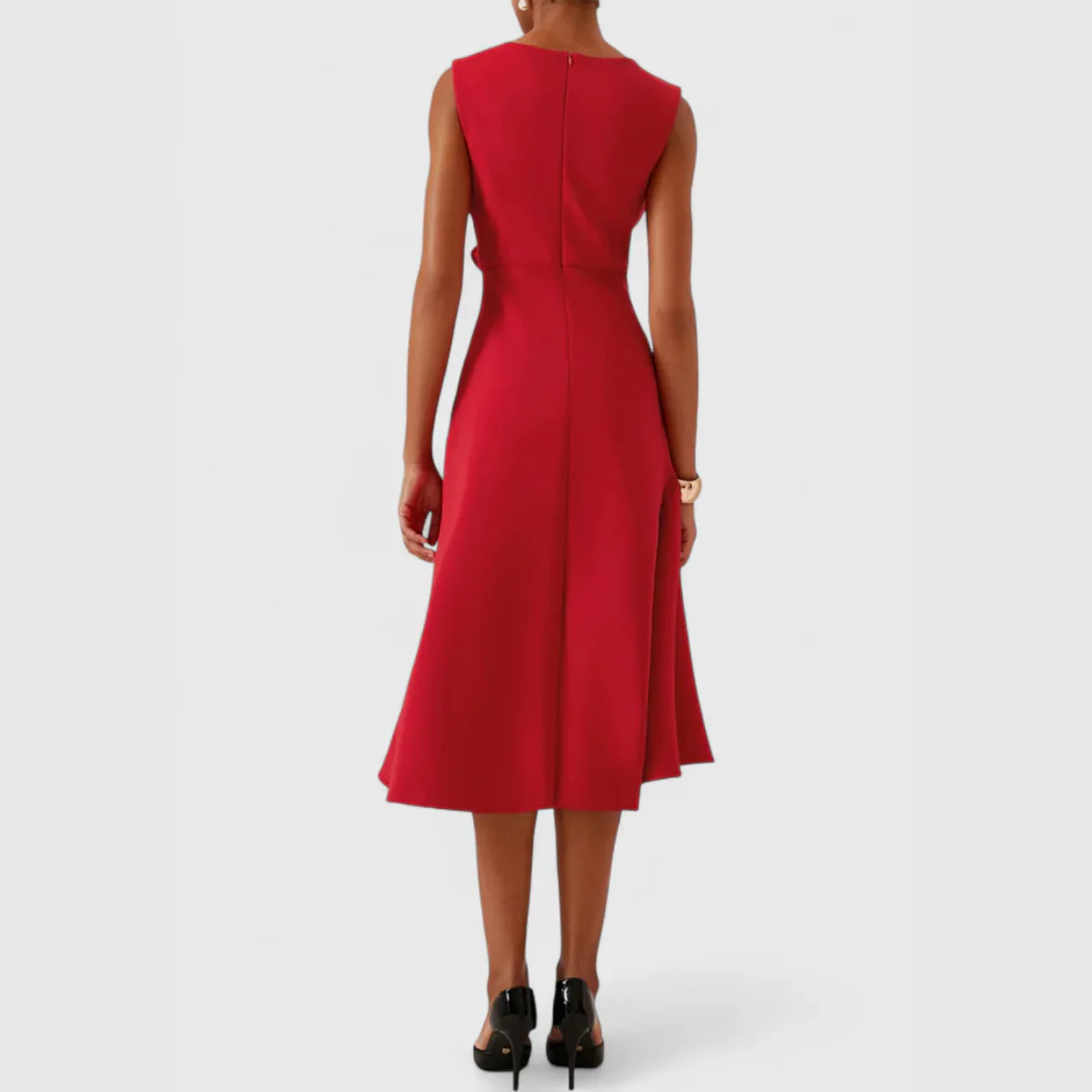 Women’s Midi Dress with Asymmetric Draped Ruffle and Sleeveless Fit - Image 17